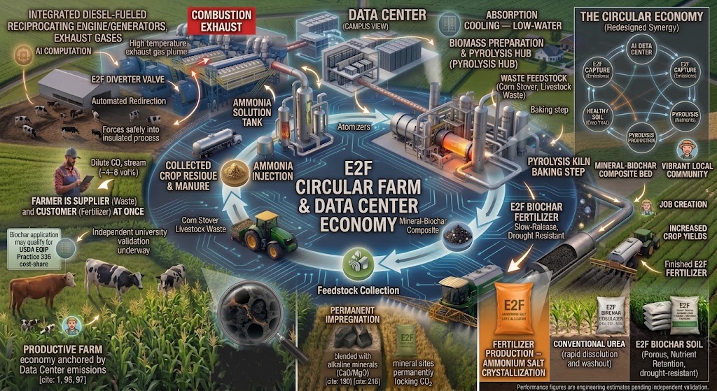 Data center pollution and water solution diagram: E2F converts AI data center power-generator exhaust (diesel and natural-gas engines and turbines) and waste heat into ammonium-salt fertilizer, mineral-biochar, and low-water absorption cooling for a circular farm and data center economy.
